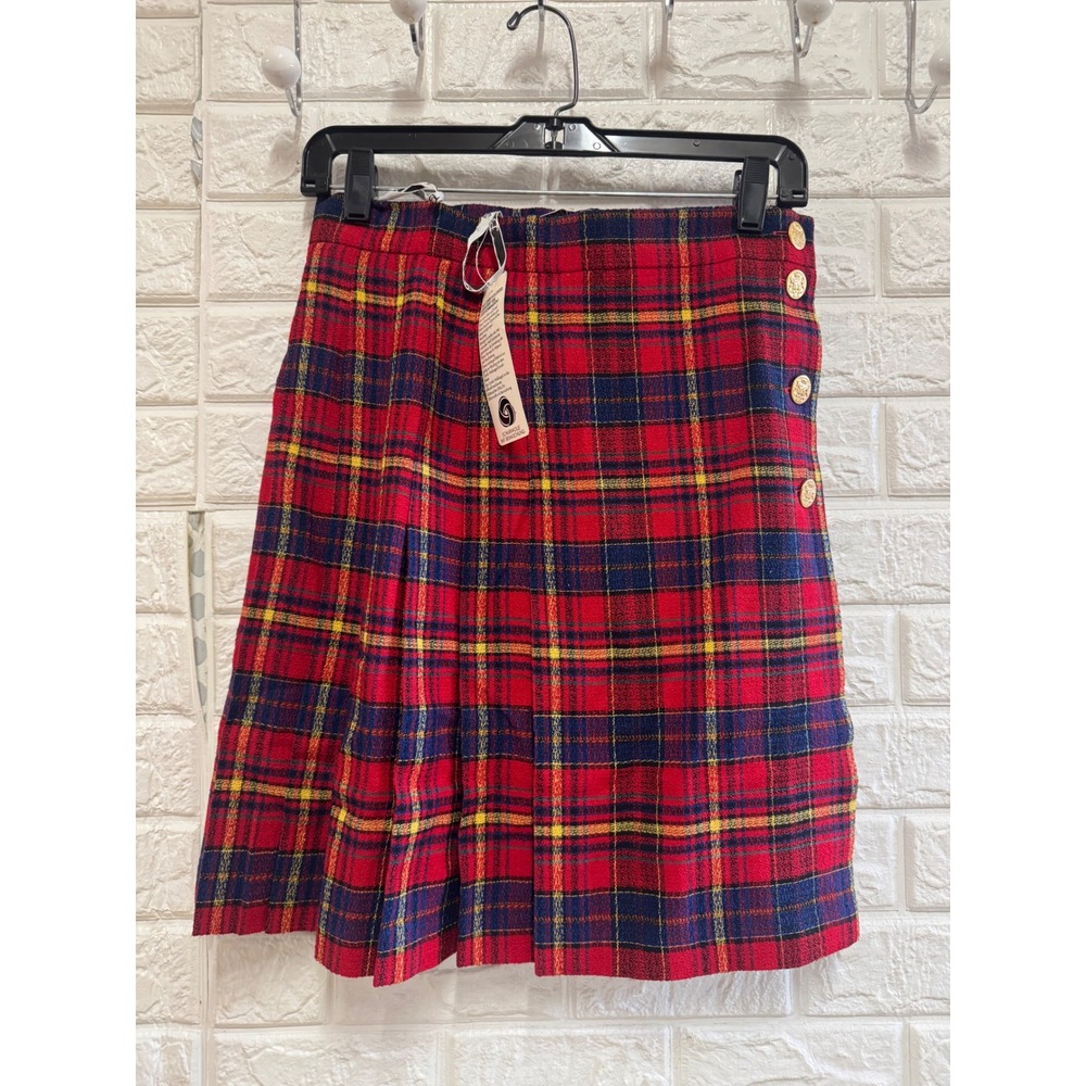 Betty Barclay Vintage Plaid Pleated‎ Mini Skirt Red Wool Blend Gold Button 38 S